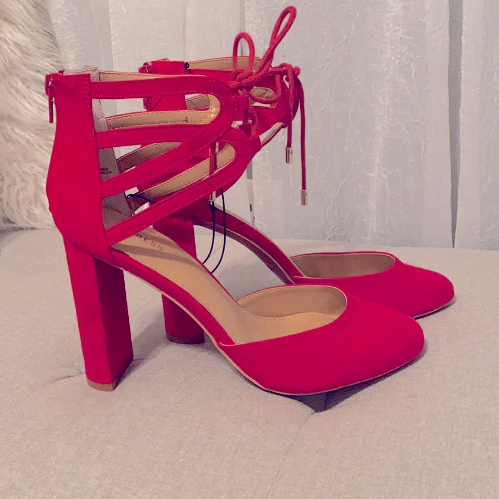 Bright Red Block Heeled Lace Up Pumps
